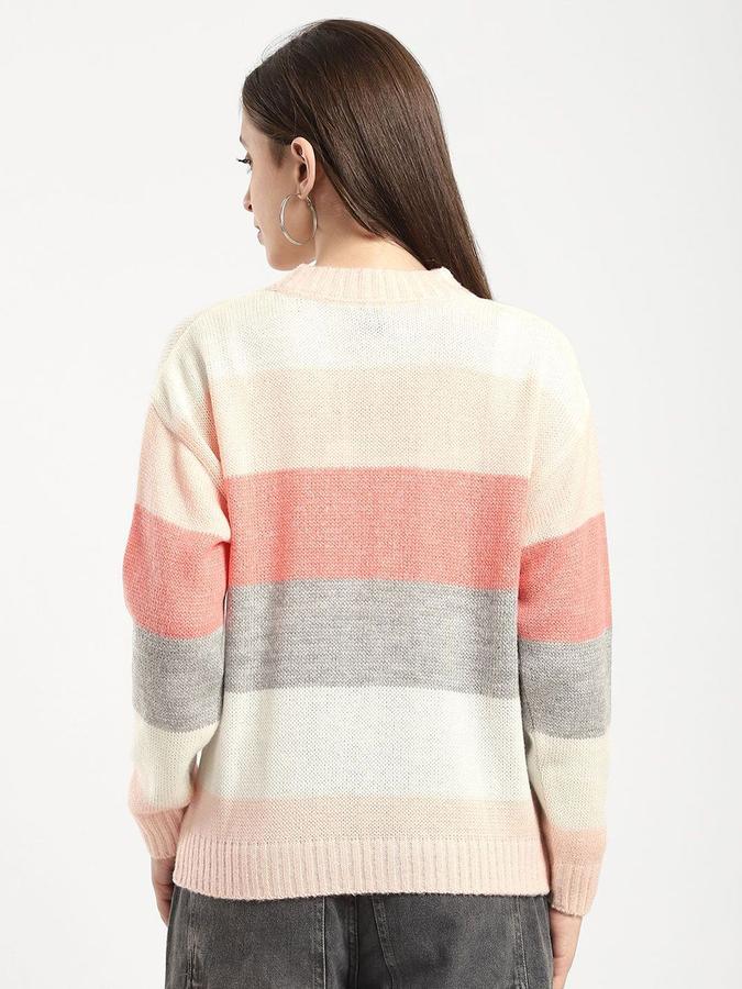 R&B Women Pink Round Neck Striped Long Sleeves Sweater