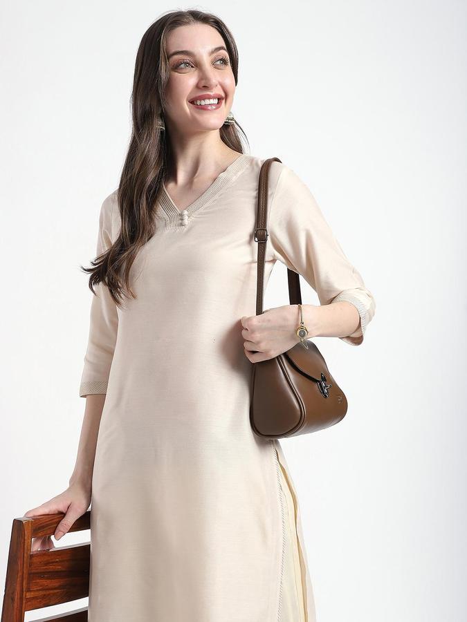 R&B Women Off White Solid V-Neck Knee Length Ethnic Kurta
