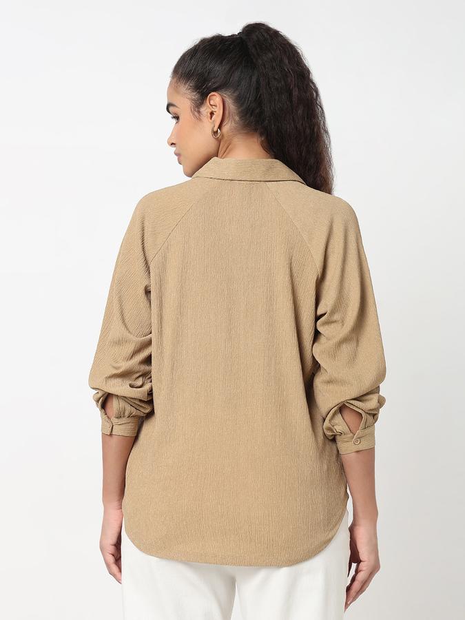 Women Polyester Relaxed Fit Shirt Collar Textured Top