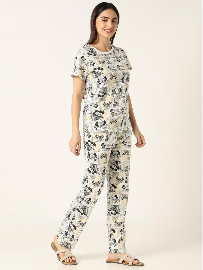 R&B Beige Cartoon Printed Women Night Suit