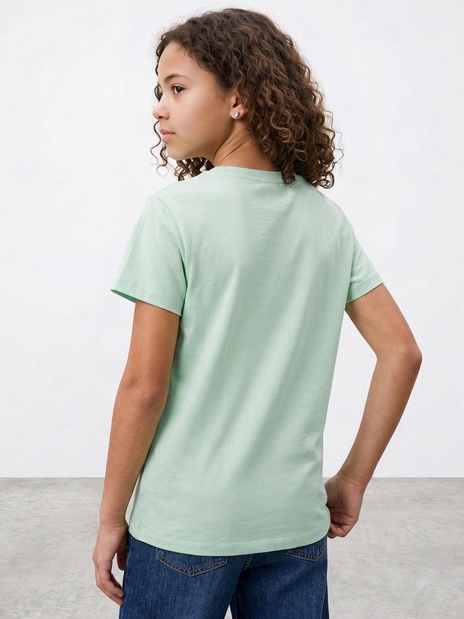 R&B Girls Green Graphic Print Short Sleeves Round Neck Pure Cotton T-Shirt