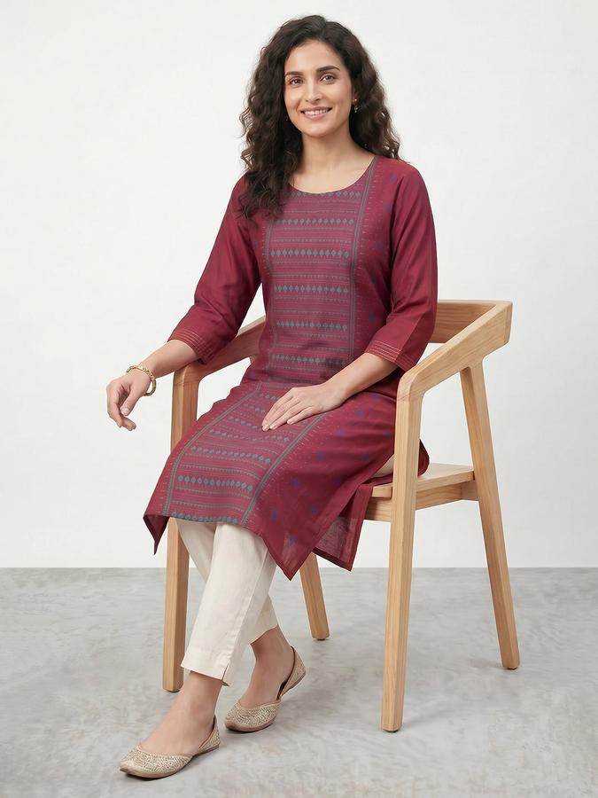 R&B Women Fuchsia Printed Round Neck Three-Quarter Sleeves Calf Length Straight Kurta 