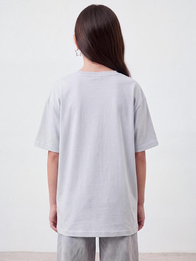 R&B Girls Grey Typography Print Short Sleeves Round Neck Pure Cotton T-Shirt