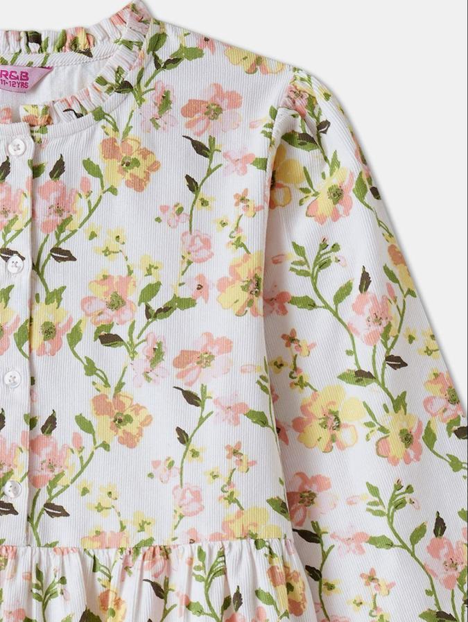 R&B White Floral Printed Girls Long Sleeves Dress