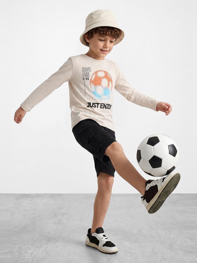 R&B Boys Beige Long Sleeves Round Neck Game On Football Graphics Pure Cotton T-Shirt