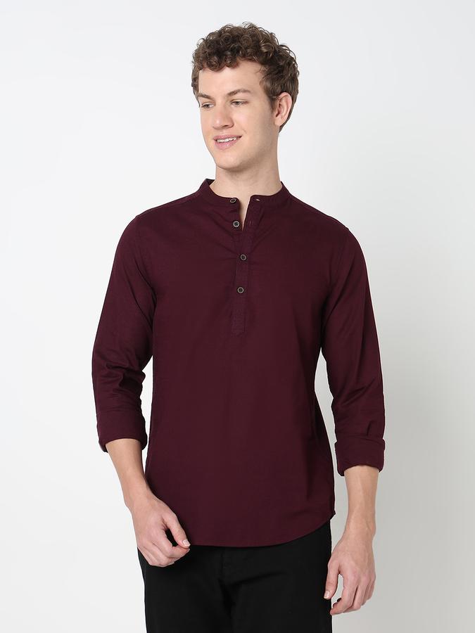 HALF PLACKET KURTA SHIRT - SLUB SHIRT SOLID SINGLE POCKET SLIM FIT image number 1