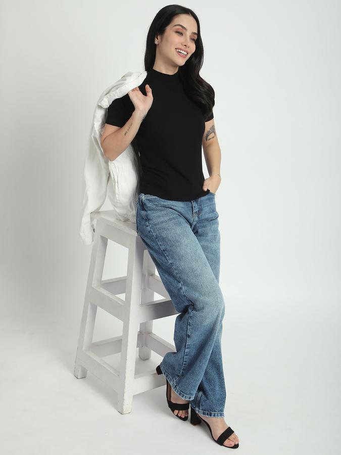 Women Viscose Slim Fit High Neck Ribbed Top