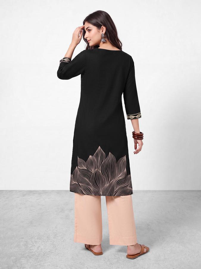 R&B Womens Black Three-Quarter Sleeves V Neck Floral Printed Straight Kurta