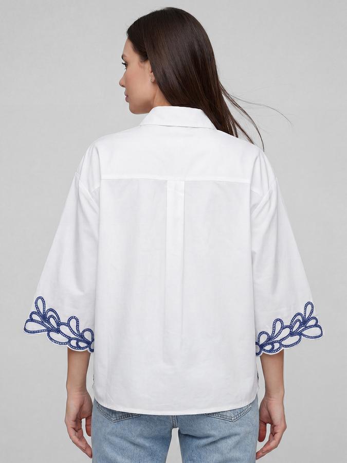 R&B White Ethnic Motifs Print Shirt Collar Flared Three-Quarter Sleeves Women Top