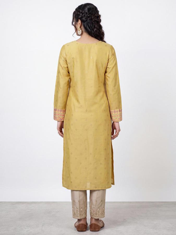 R&B Women Gold Ethnic Motifs Print  Round Neck Long Sleeves Straight Kurta