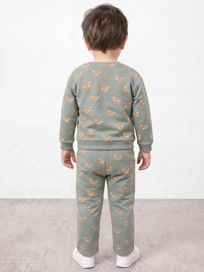 R&B Boys Green Pure Cotton Teddy Print Sweatshirt and Pant Night Suit