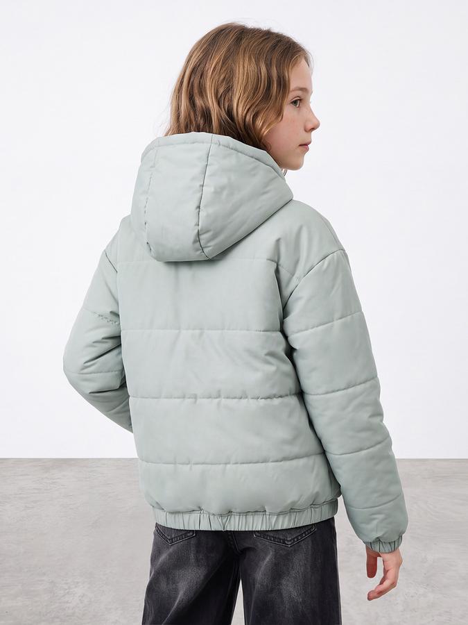 R&B Girls Mint Green Silf Design Hooded & Quilted Long Sleeves Puffer Jacket