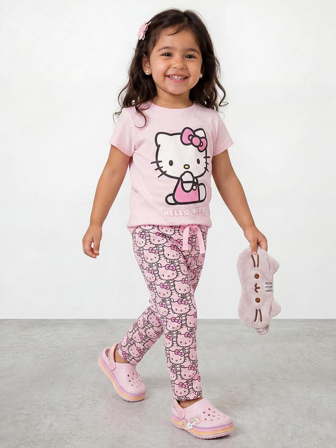 R&B Girls Pink Hello Kitty Print Short Sleeves Pure Cotton T-shirt &amp; Pyjamas Set