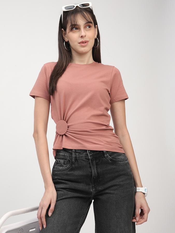 Women Cotton Fitted Round Neck Twist-Front T-shirt