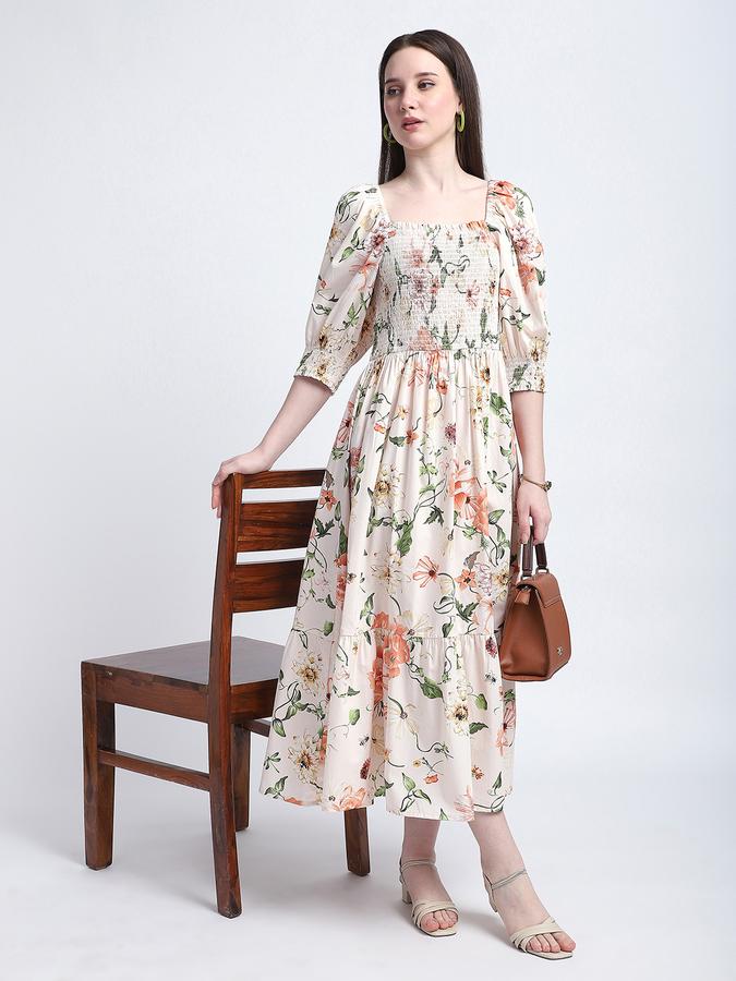 R&B Women Orange Floral Print Smocked Midi Dress