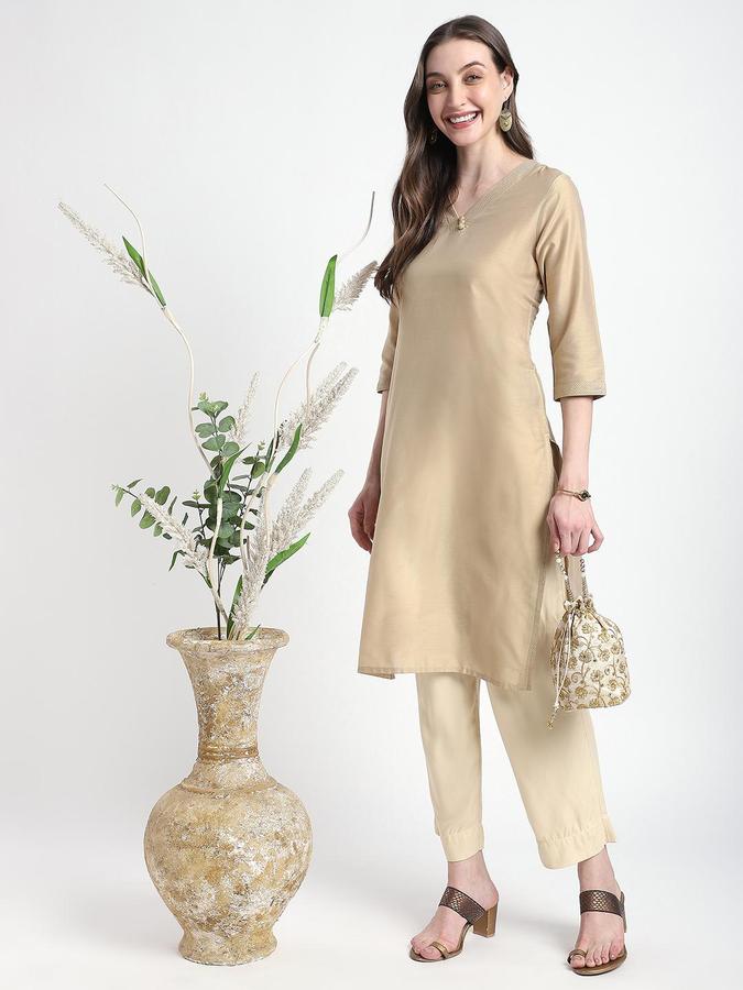 R&B Women Beige Solid V-Neck Knee Length Ethnic Kurta
