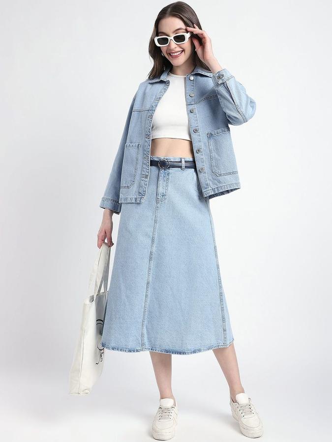R&B Women Light Blue Long Sleeves Solid Shirt Collar Denim Jacket