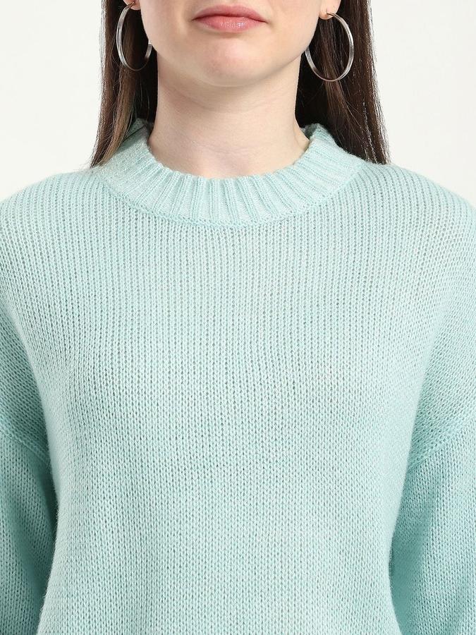 R&B Women Sea Green Round Neck Solid Long Sleeves Sweater