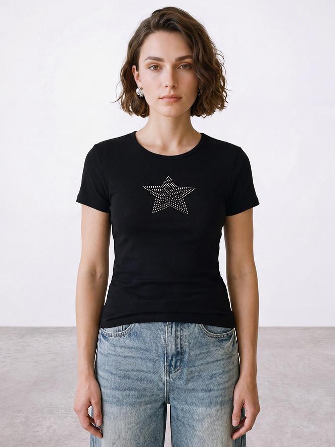 R&B Women Black Short Sleeve Round Neck Star Embellished T-Shirt