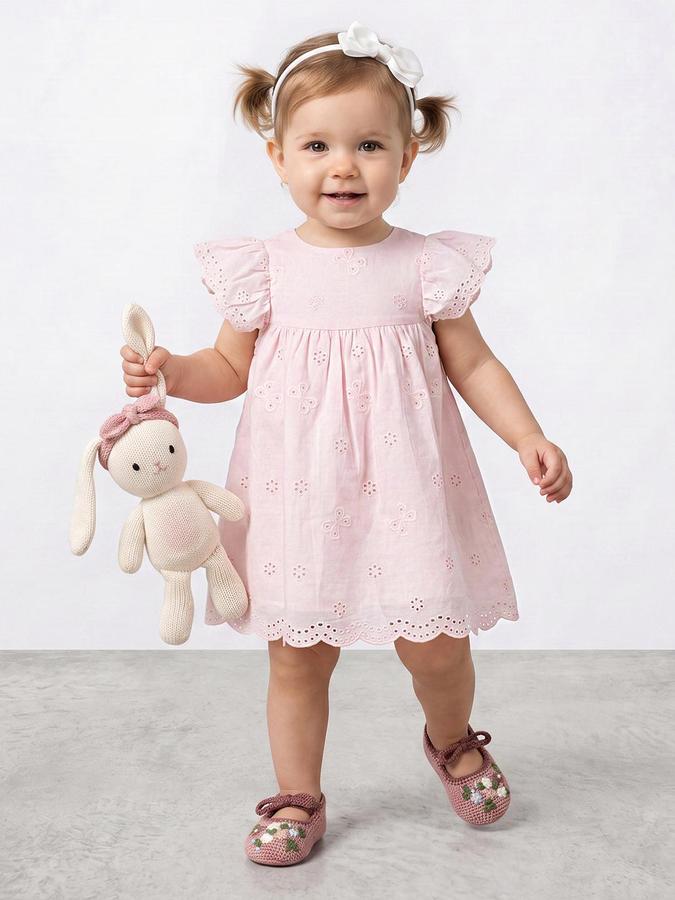 R&B Girls Pink Embroidered Round Neck Flutter Sleeves A-Line Dress