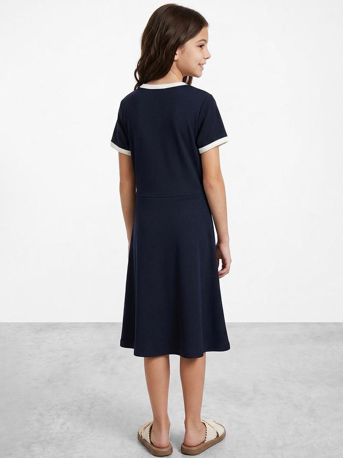 R&B Navy Blue Cotton Printed Girls Dresses