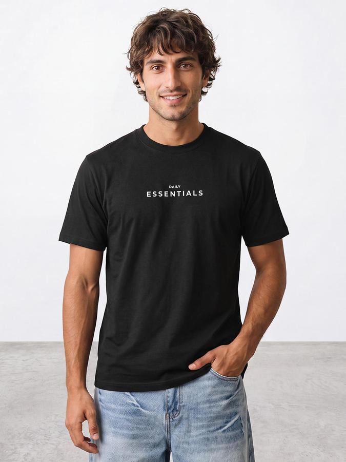 R&B Men Black Short Sleeve Round Neck Typography Graphic Print T-Shirt