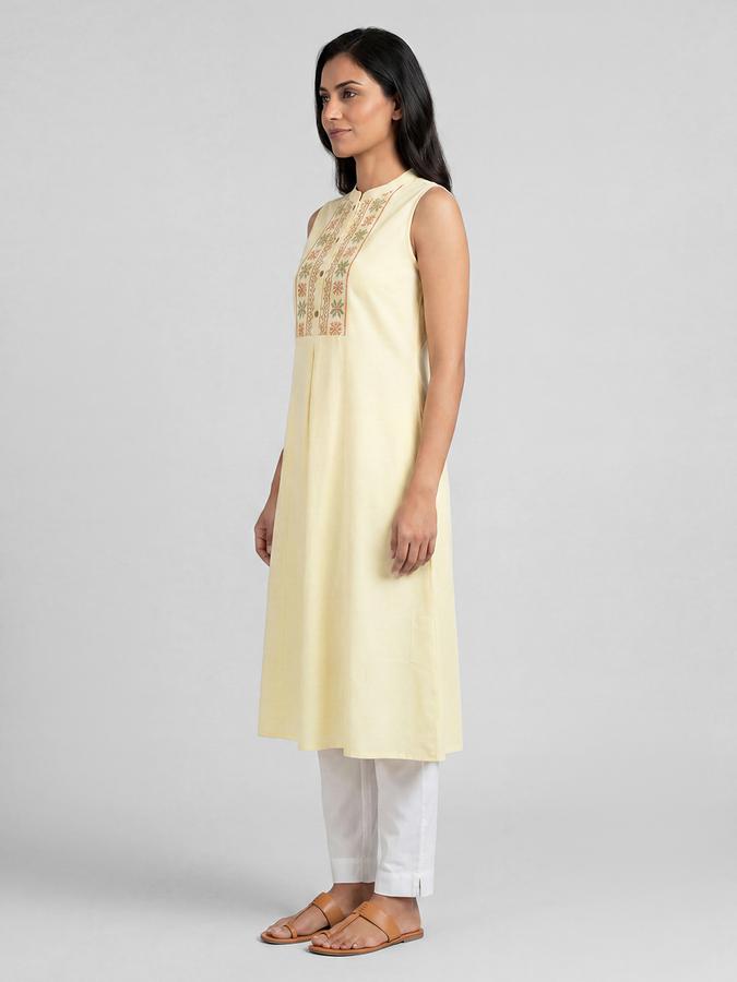 R&B Yellow Embroidered Women Sleeveless Mandarin Collar Kurta