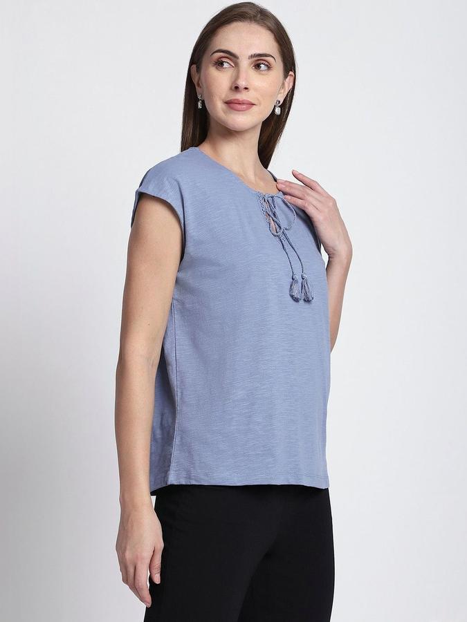 R&B Womens Blue Solid Round Neck Short Sleeves Top