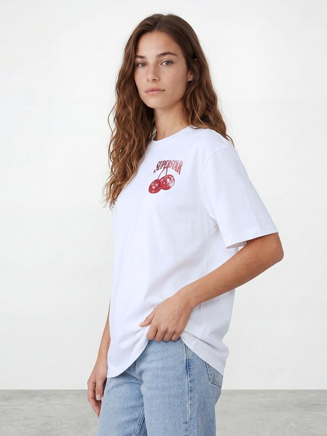 R&B Women's White Graphic Back Print Regular Fit Round Neck Half Sleeve T-Shirt