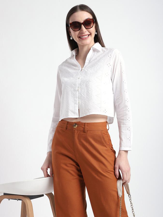 R&B Women Ivory Textured Eyelet Cropped Shirt