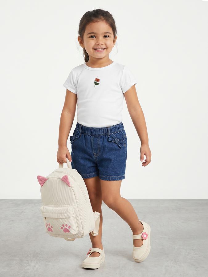 R&B Girls White Regular Fit Floral Embroidered Short Sleeve T-shirt