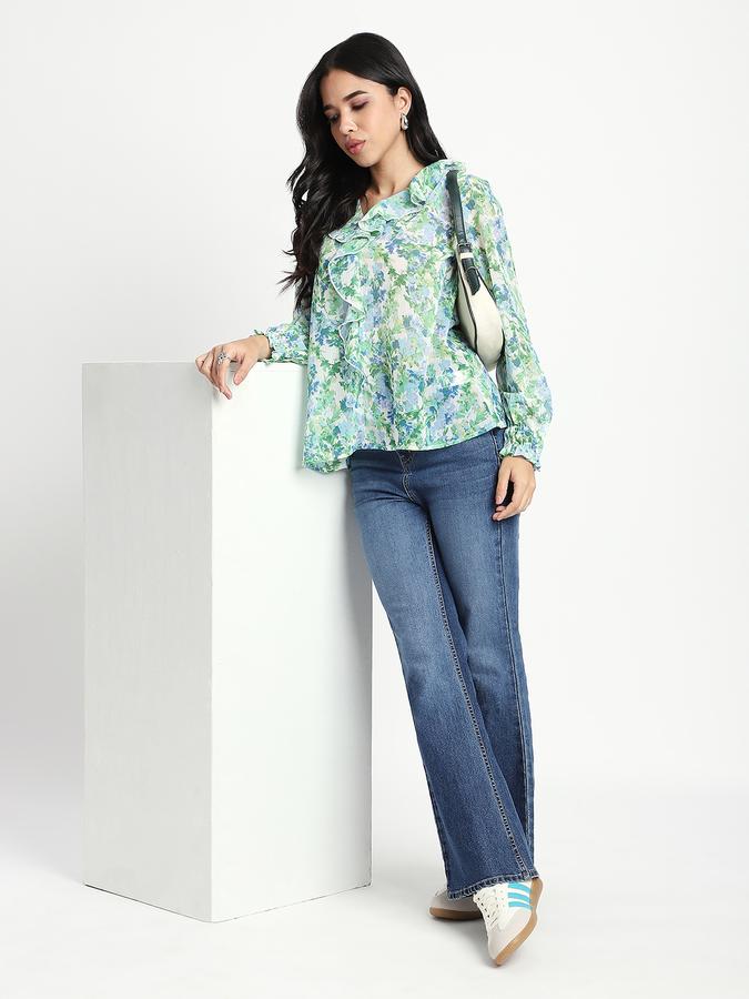 Women Polyester Regular Fit Ruffled Neck Floral Top