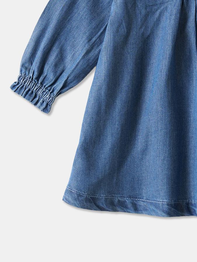 Girls Denim A-Line Ruffled Neck Embroidered Dress