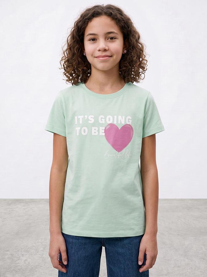 R&B Girls Green Graphic Print Short Sleeves Round Neck Pure Cotton T-Shirt