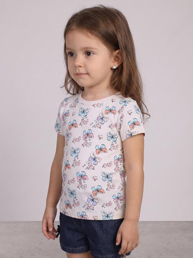 R&B Girls Beige Butterfly Print Short Sleeves Round Neck Pure Cotton T-Shirt