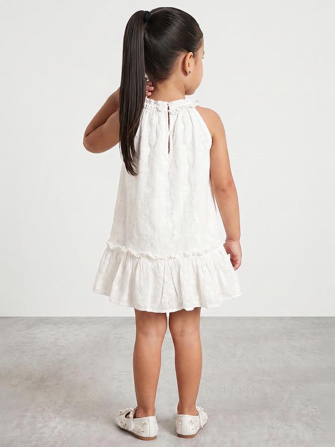 R&B Girl White  Self Design Pure Cotton Sleeveless A-Line Dress