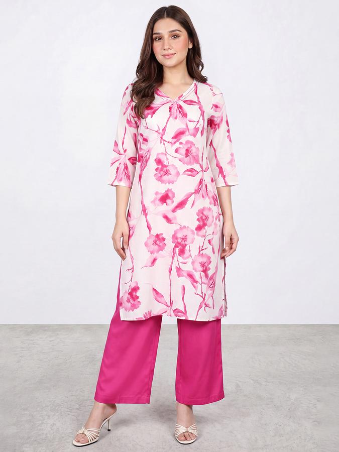 R&B Women Pink Three-Forth Sleeve V-Neck Floral Print Kurta