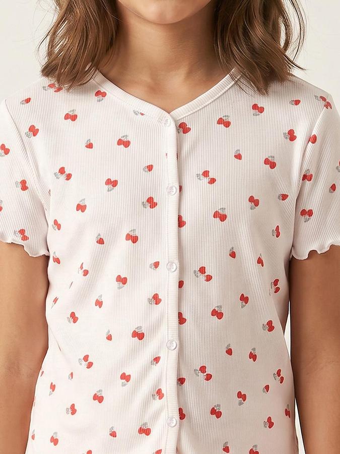 R&B Girls Off White Printed Round Neck Short Sleeves Pure Cotton Shirt &amp; Pyjamas Set