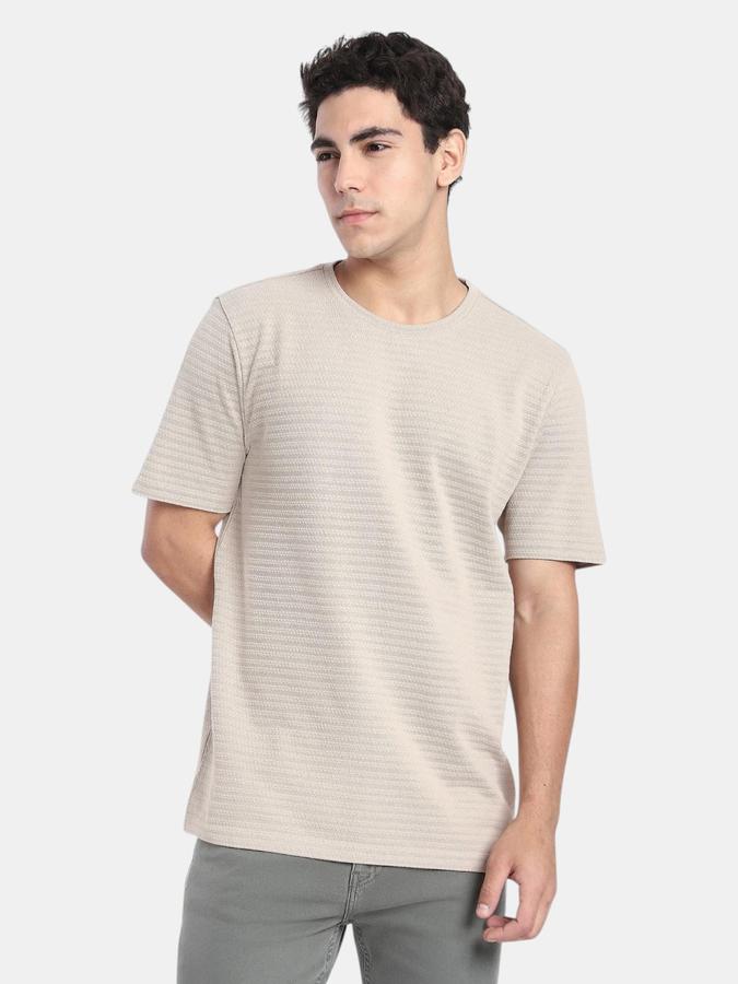 R&B Beige Self Design Men Short Sleeve T-shirt