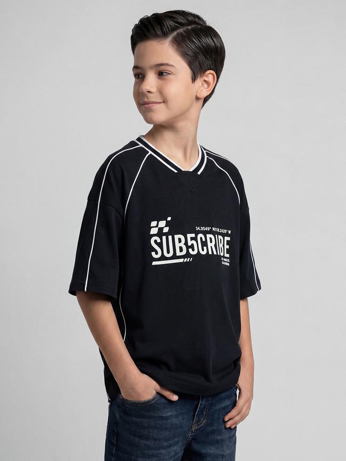 R&B Navy Blue Graphic Print Boys V-Neck Regular Fit Short Sleeves T-Shirt 