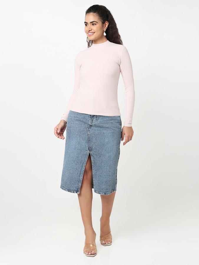 R&B Women Pastel Pink Solid Ribbed Top