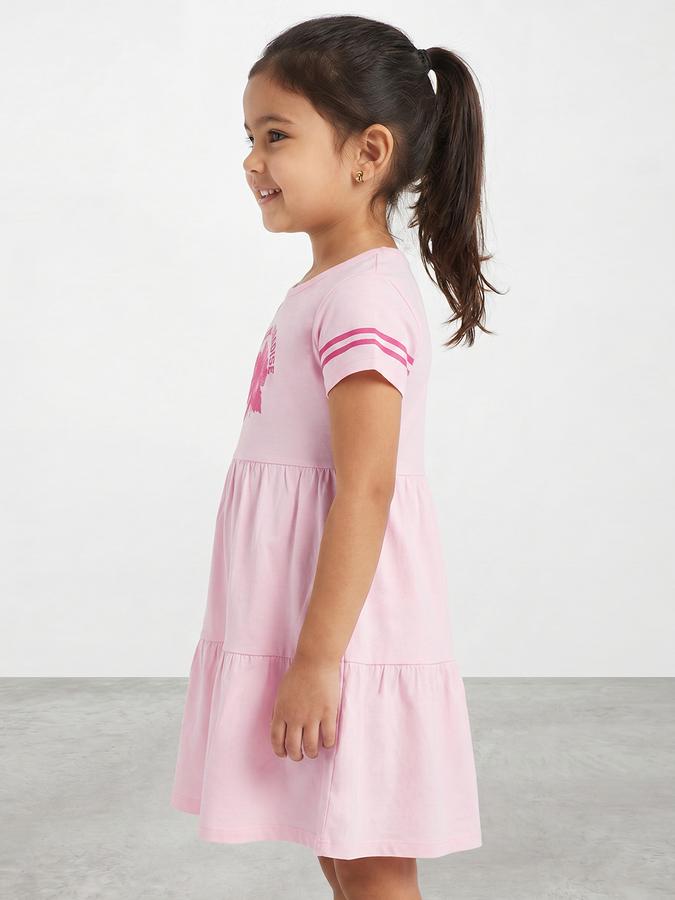 R&B Girl Pink Floral Print Pure Cotton Short Sleeves Fit and Flare Dress
