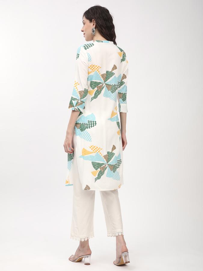 Women's regular fit white abstract printed mandarin collared straight kurta image number 2