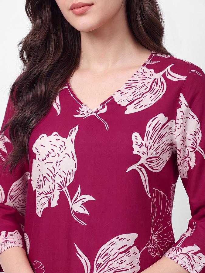 R&B Womens Magenta Three-Quarter Sleeves V Neck Floral Printed Straight Kurta
