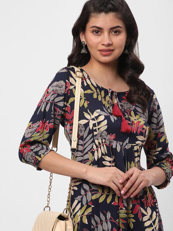 R&B Women Blue Floral Three-Quarter Sleeves Round Neck Midi A-Line Ethnic Dress