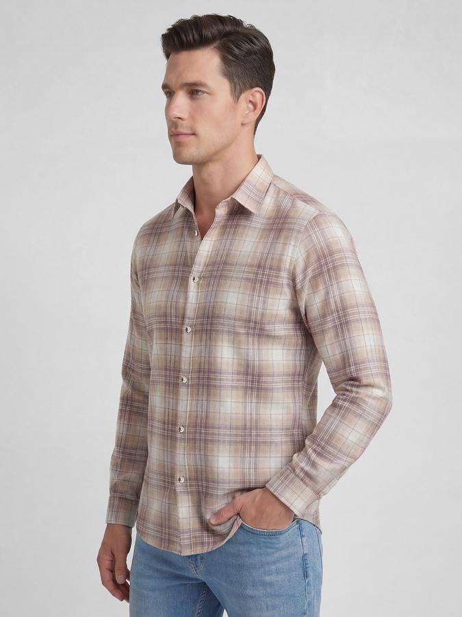 R&B Maroon Checked Men Spread Collar Long Sleeves Shirt