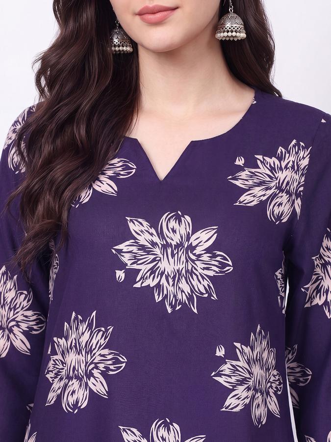 R&B Womens Purple Three-Quarter Sleeves Round Neck Floral Printed Straight Kurta