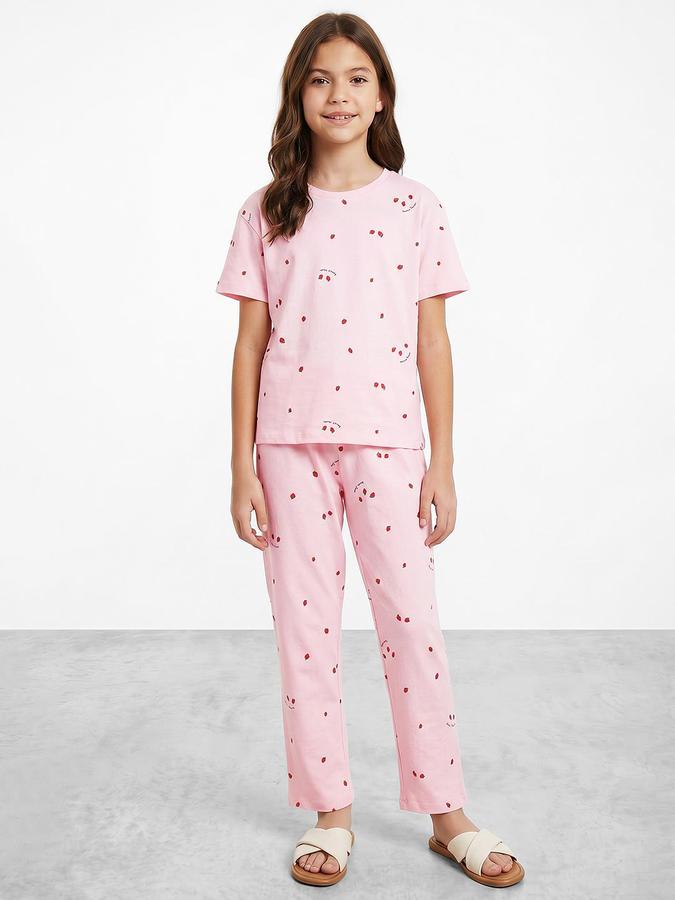 R&B Girls Pink Printed Round Neck Short Sleeves Pure Cotton T-shirt &amp; Pyjamas Set
