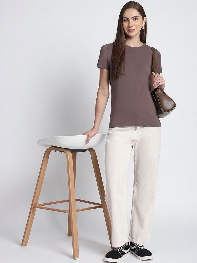 R&B Womens Mauve Solid Round Neck Short Sleeves T-shirt