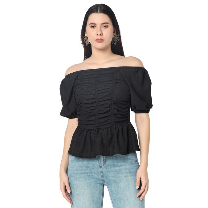R&B Women Black Solid Ruched Off-Shoulder Peplum Top